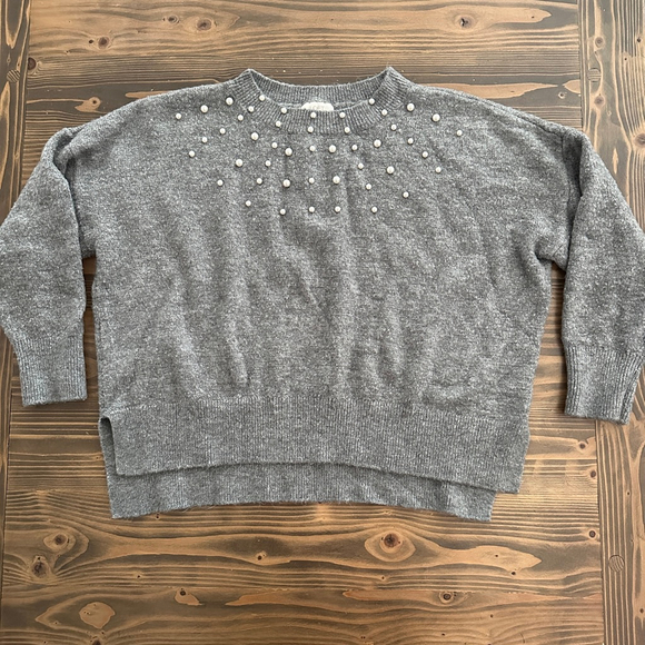 Women’s LOFT Outlet Gray Pearl Embellished Crewneck Sweater XL - Picture 3 of 8